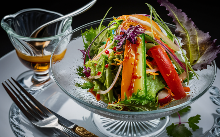 a salad in a glass bowl on a table with a fork and knife next to it and a glass container with a spoon, Bouchta El Hayani, qajar art, food photography, a stock photo