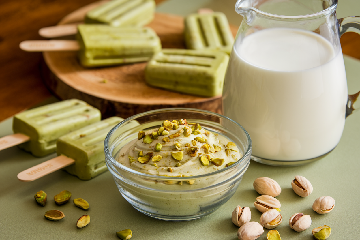 Introduction to Pistachio Joe pudding popsicles with a bowl of pistachio pudding mix, a pitcher of milk, and fresh pistachios.