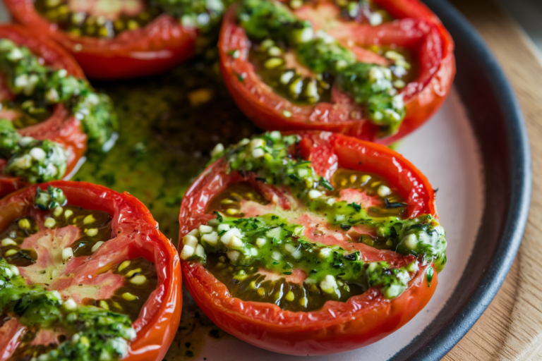 A close-up of roasted tomato halves drizzled with bright green chimichurri sauce, garnished with fresh parsley, and served on a white plate. The tomatoes are slightly caramelized, and a small bowl of extra chimichurri sauce is on the side