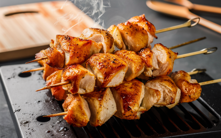 Costco chicken kebabs on the grill, marinated chicken skewers