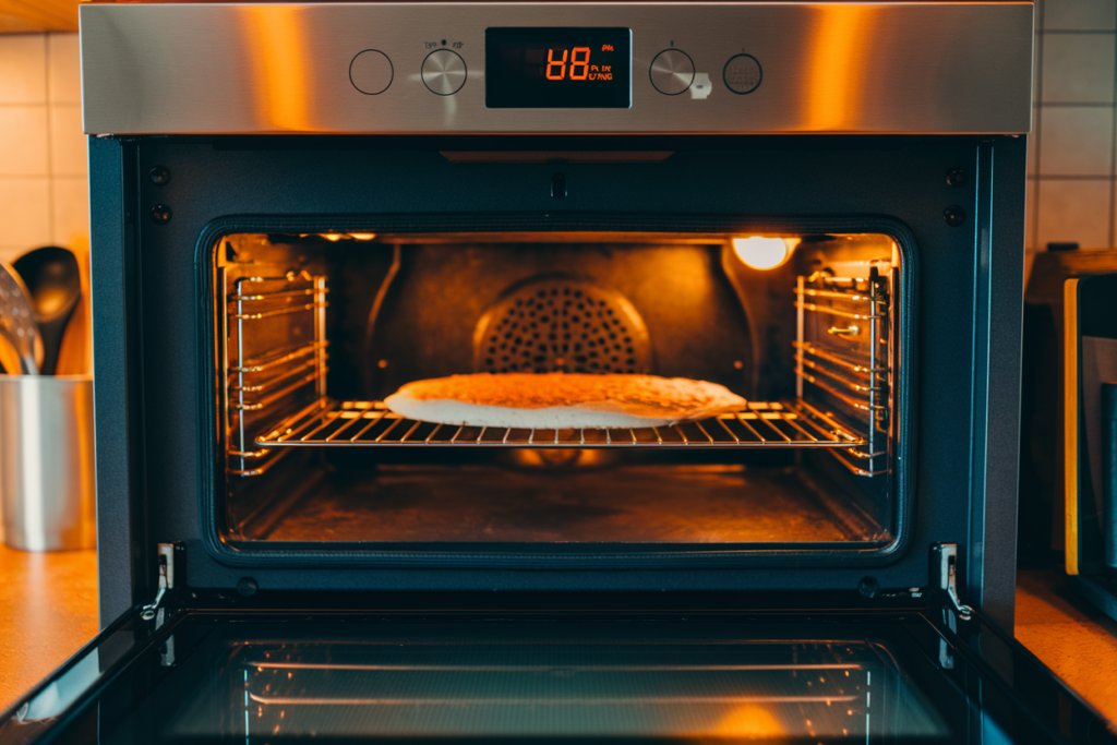 Preheating oven to high temperature with pizza stone or steel inside.