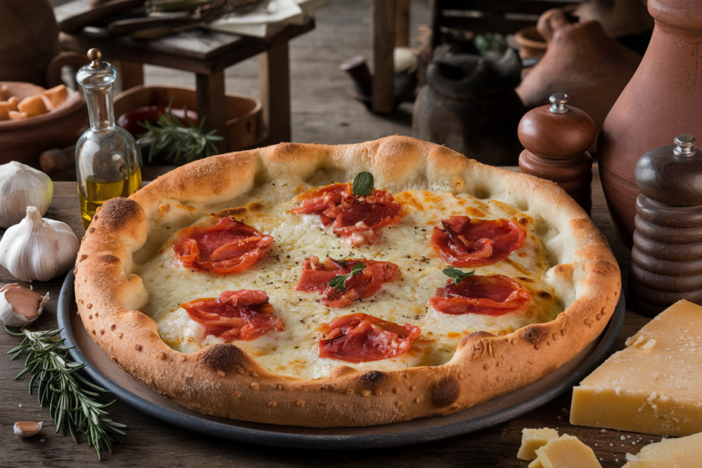 Illustration of an ancient Roman-style flatbread, showcasing early pizza toppings before tomatoes became popular. The flatbread is golden-brown with crispy edges, surrounded by ingredients like olive oil, garlic cloves, fresh rosemary, pecorino cheese, and rustic salt and pepper grinders. The background features a vintage Italian kitchen or marketplace with wooden tables and clay pots, evoking a historical atmosphere