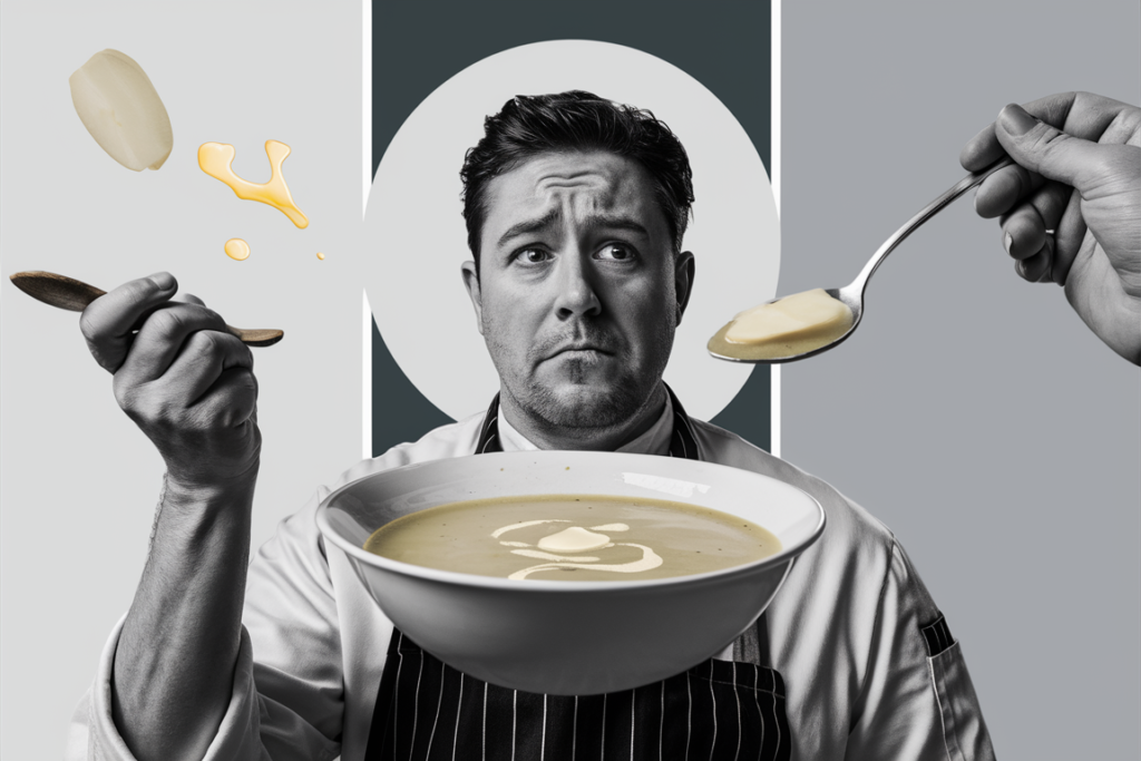 A confused chef holding a bowl of leek and potato soup, questioning "Why does my leek and potato soup taste bland?" with floating ingredients and a spoonful of soup.