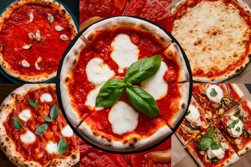 Collage of different Italian pizzas featuring tomato sauce, including Pizza Margherita, Pizza Marinara, Pizza Siciliana, and Pizza al Taglio