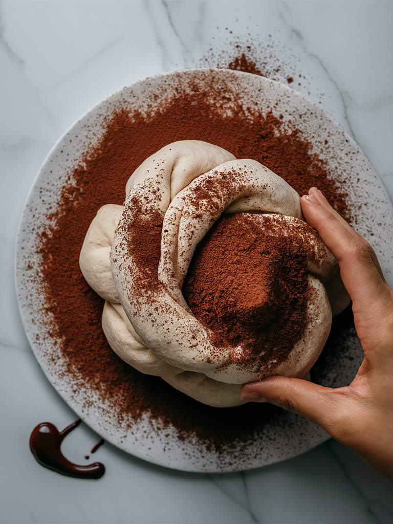 A close-up of yeast dough with cocoa powder being mixed in