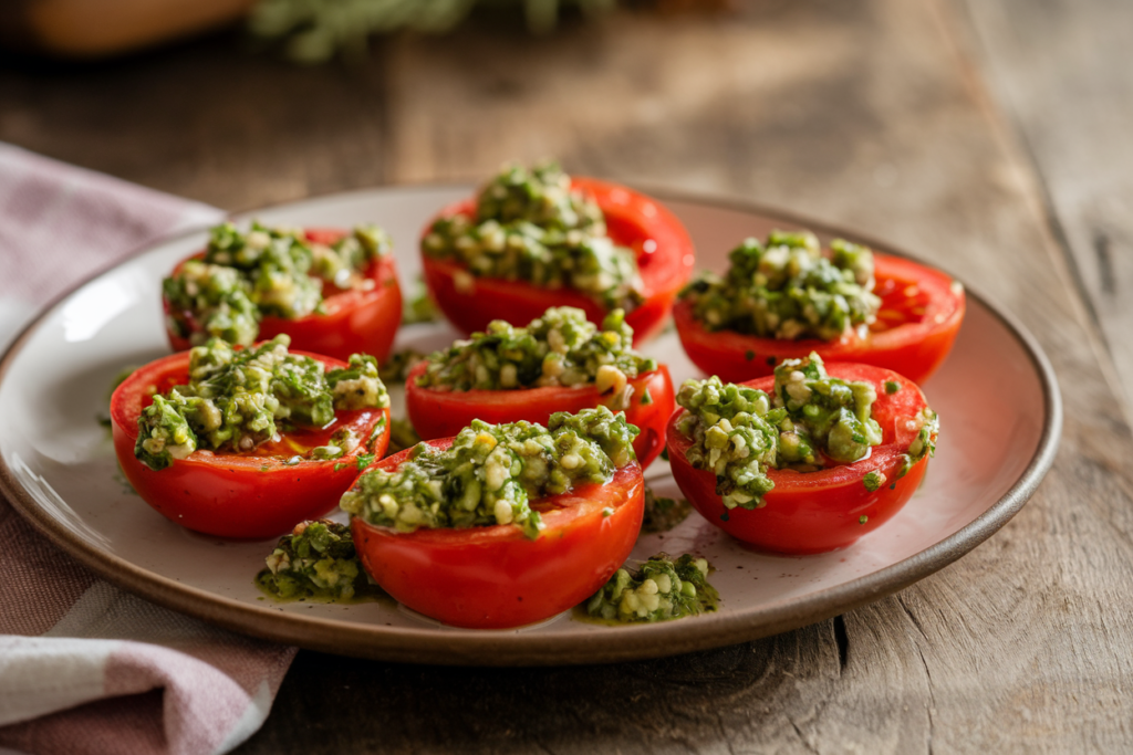 A plate of roasted tomato halves topped with vibrant green chimichurri sauce on a rustic wooden table