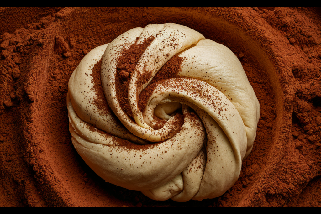 A close-up of yeast dough with cocoa powder being mixed in