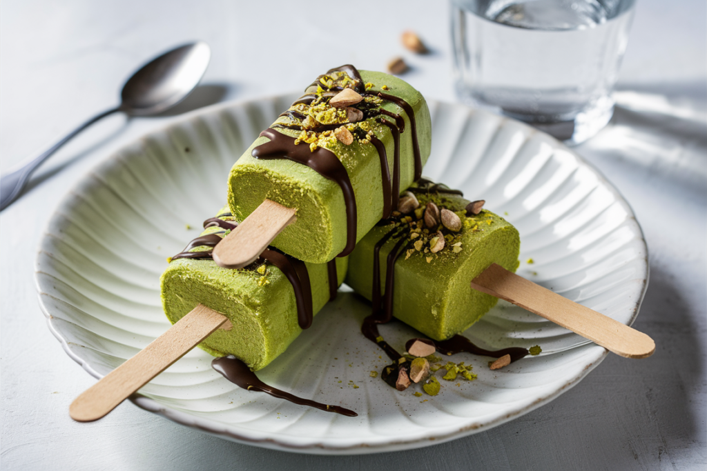 Pistachio popsicles recipe featuring three green popsicles drizzled with dark chocolate and topped with crushed pistachios, arranged on a white plate