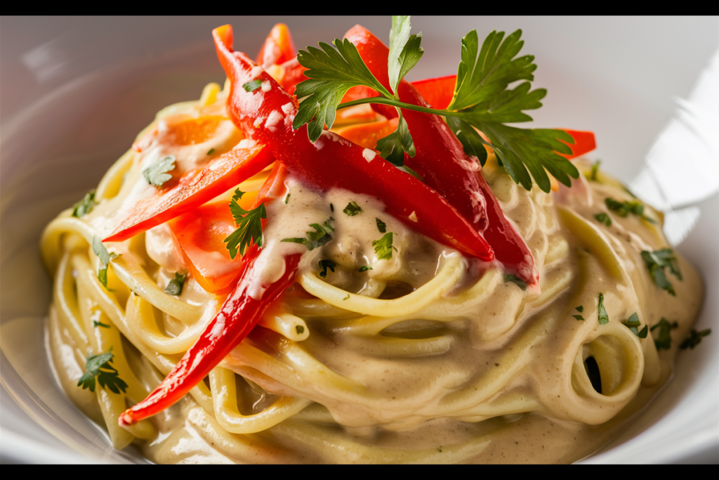 A bowl of creamy Pasta Alfredo topped with vibrant red peppers, garnished with fresh parsley.