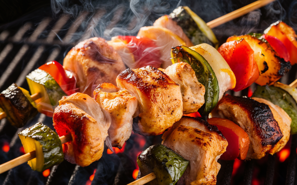 Costco chicken kabobs grilled to perfection on a barbecue, with charred vegetables and a smoky finish.