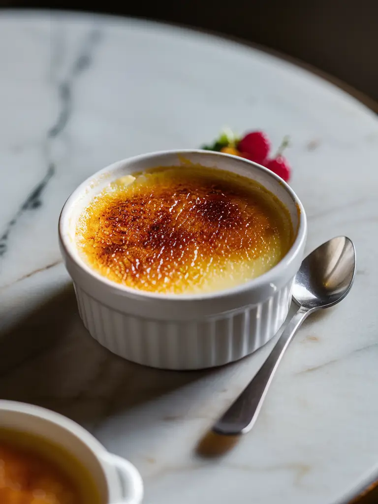 Close-up of a crème brûlée in a white ramekin with a golden, crackled sugar topping, garnished with fresh vanilla beans