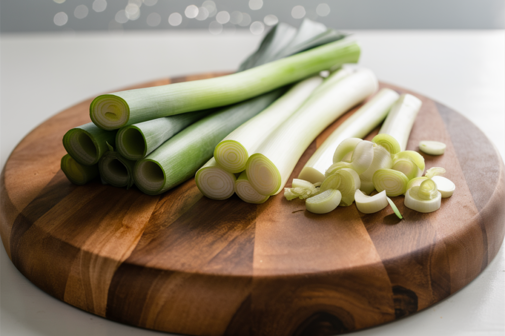 How to clean and cut leeks for soup, showing leeks on a cutting board in various stages—whole, sliced, and chopped—alongside a knife, a bowl of water, and a kitchen towel for drying