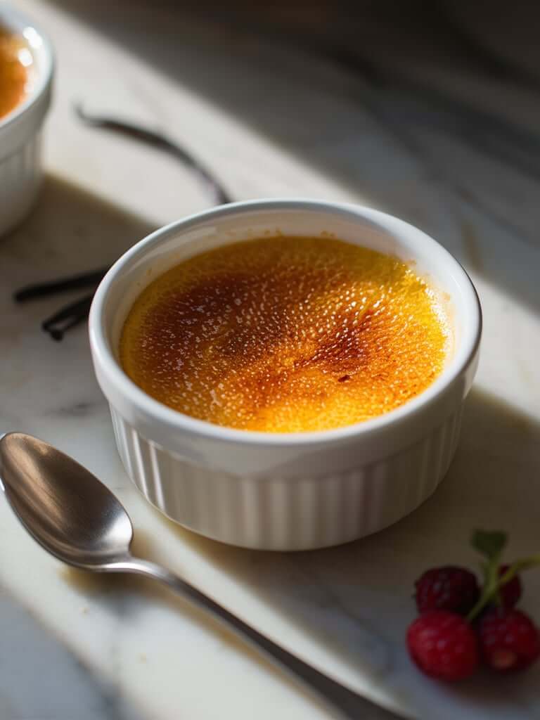 Close-up of a crème brûlée in a white ramekin with a golden, crackled sugar topping, garnished with fresh vanilla beans