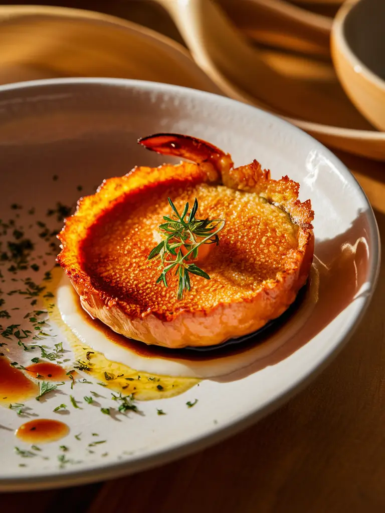 Crab Brûlée topped with caramelized sugar and Parmesan cheese