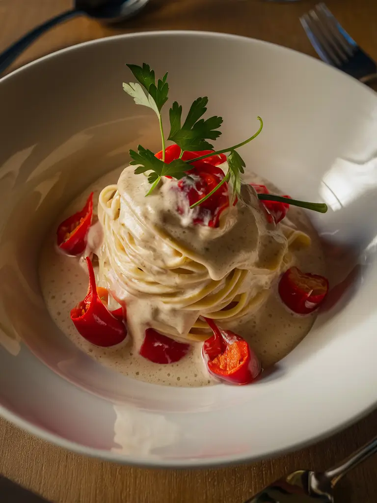 A bowl of creamy Pasta Alfredo topped with vibrant red peppers, garnished with fresh parsley.