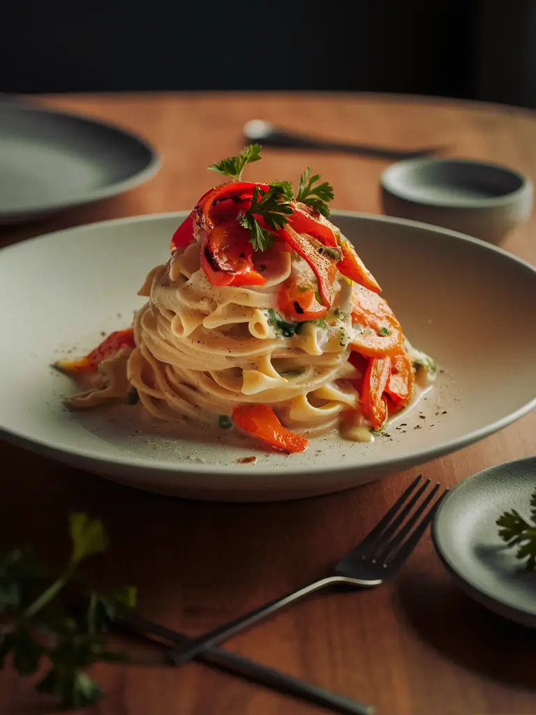 A bowl of creamy Pasta Alfredo topped with vibrant red peppers, garnished with fresh parsley.