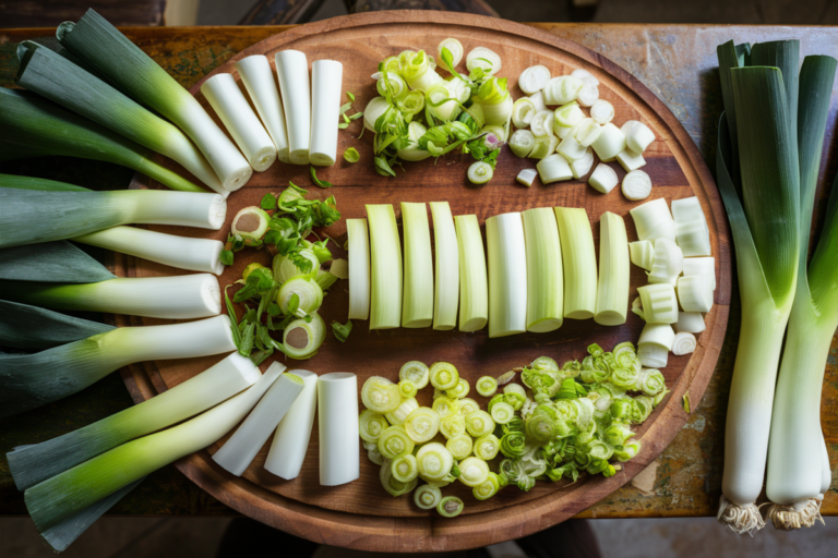 How to clean and cut leeks for soup, showing leeks on a cutting board in various stages—whole, sliced, and chopped—alongside a knife, a bowl of water, and a kitchen towel for drying