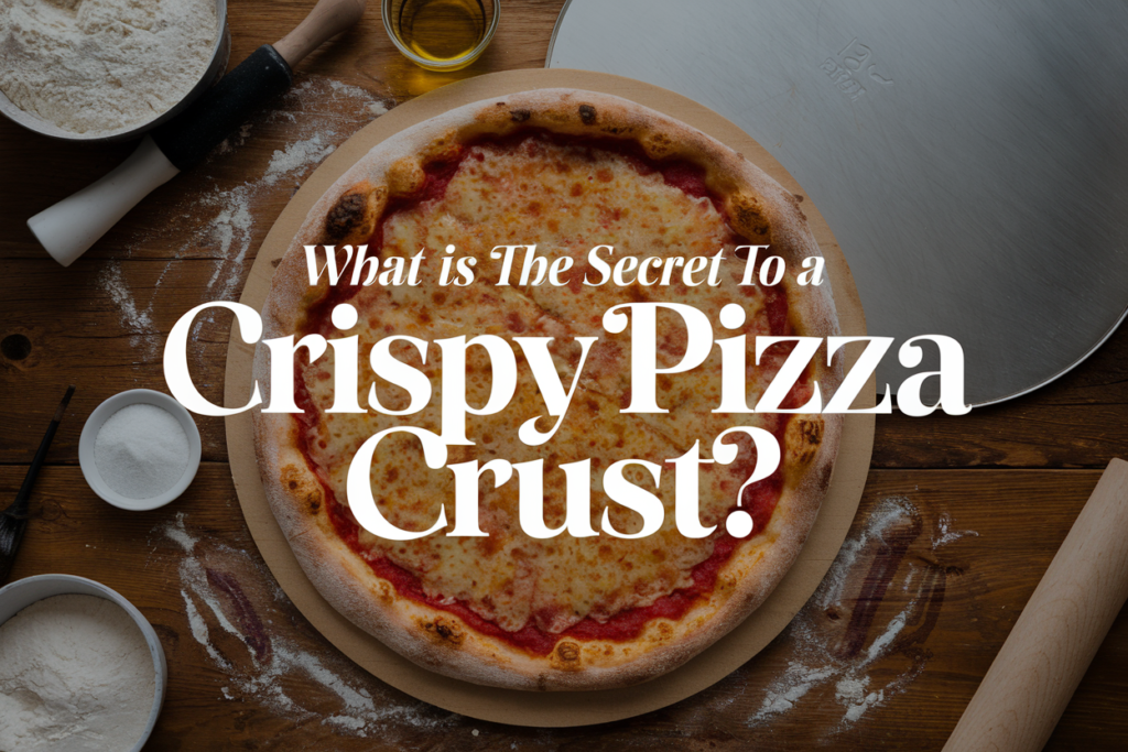 A freshly baked pizza with a golden, crispy crust, surrounded by pizza-making tools and ingredients, with the title 'What is the Secret to a Crispy Pizza Crust?' overlayed in a bold, elegant font.