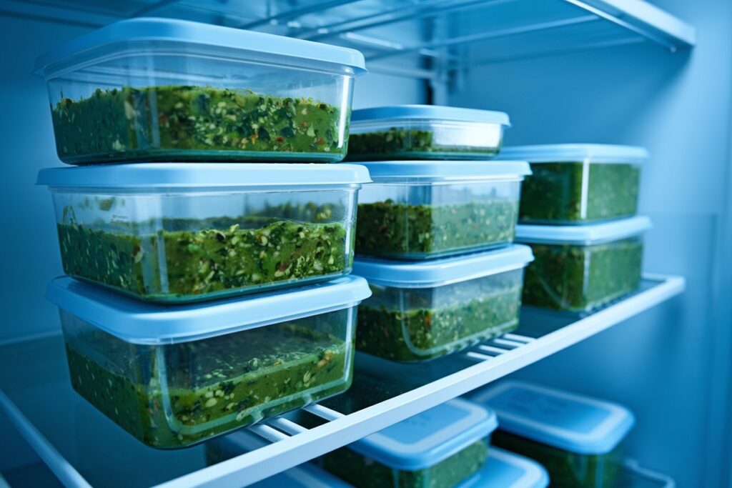 Chimichurri stored in airtight containers in a refrigerator, illustrating proper storage and preservation methods