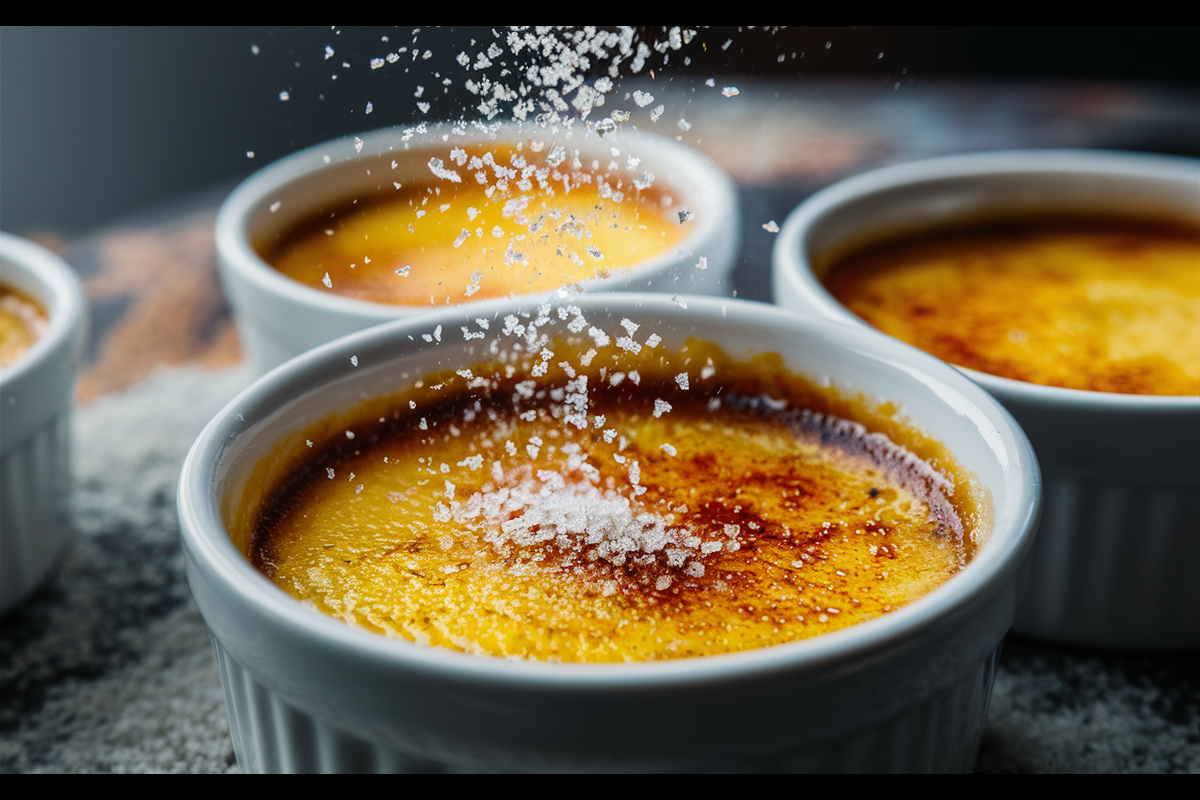 Close-up of a crème brûlée in a white ramekin with a golden, crackled sugar topping, garnished with fresh vanilla beans