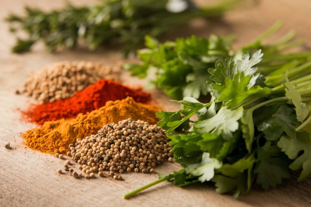 Assortment of fresh herbs like parsley and cilantro, along with spices such as cumin and paprika, for selecting the right herbs and spices for chimichurri."