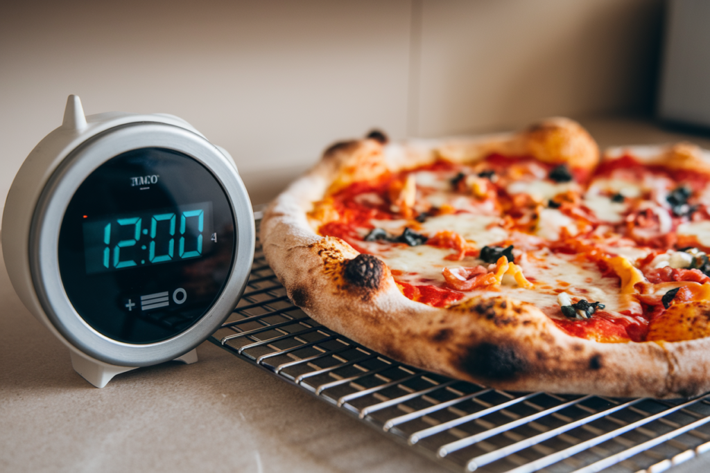 Kitchen timer showing cooking time with a pizza on a cooling rack in the background