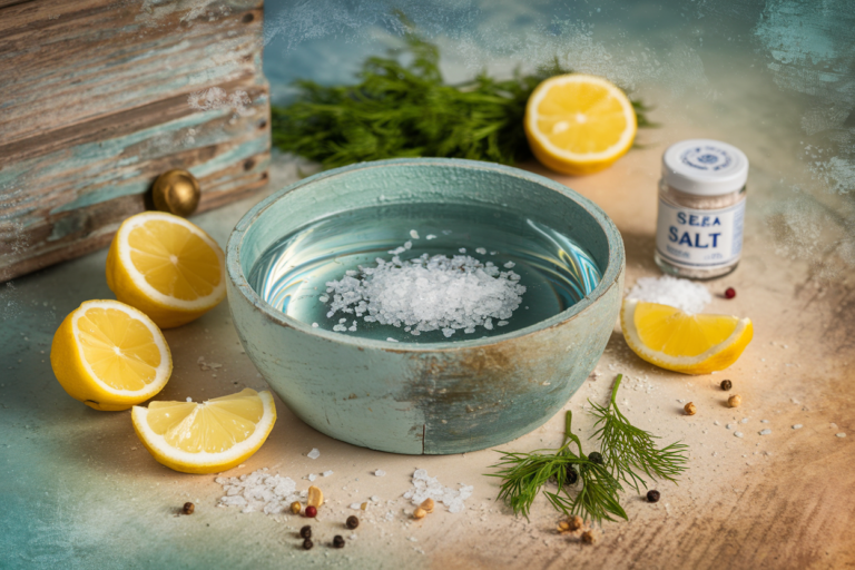 A rustic wooden bowl filled with clear water and dissolving coarse sea salt, surrounded by lemon slices, dill sprigs, and peppercorns on a weathered wood background