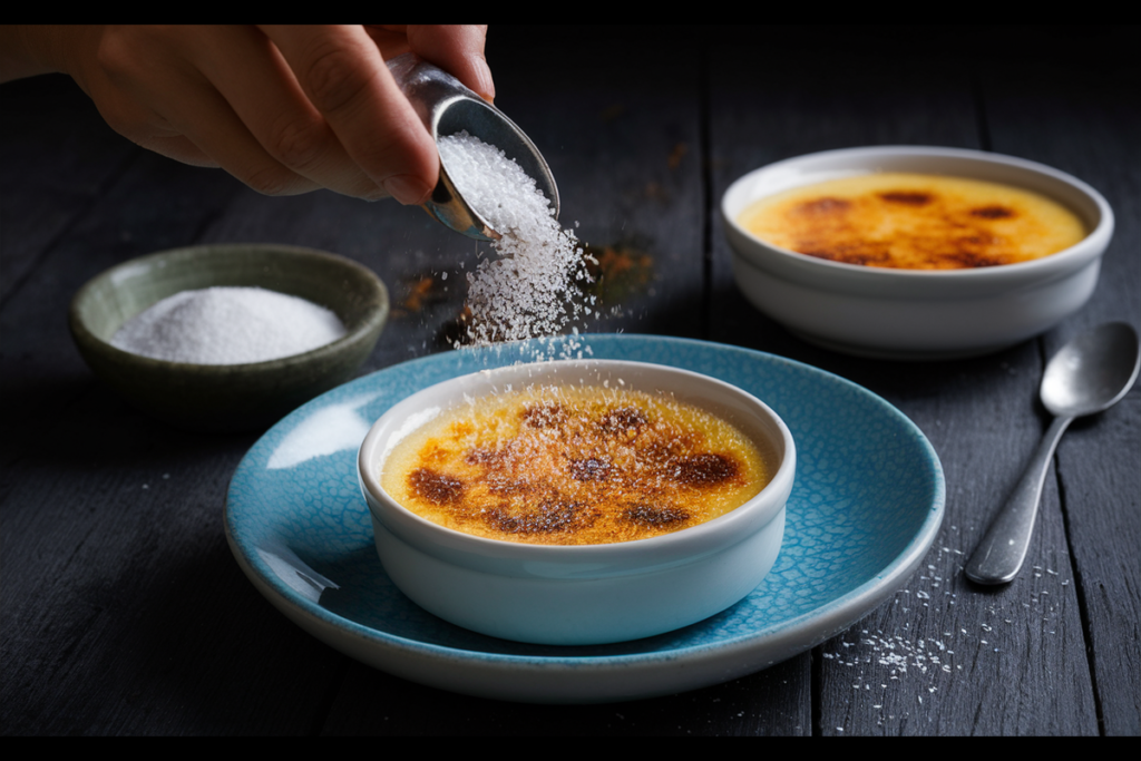 Close-up of a crème brûlée in a white ramekin with a golden, crackled sugar topping, garnished with fresh vanilla beans