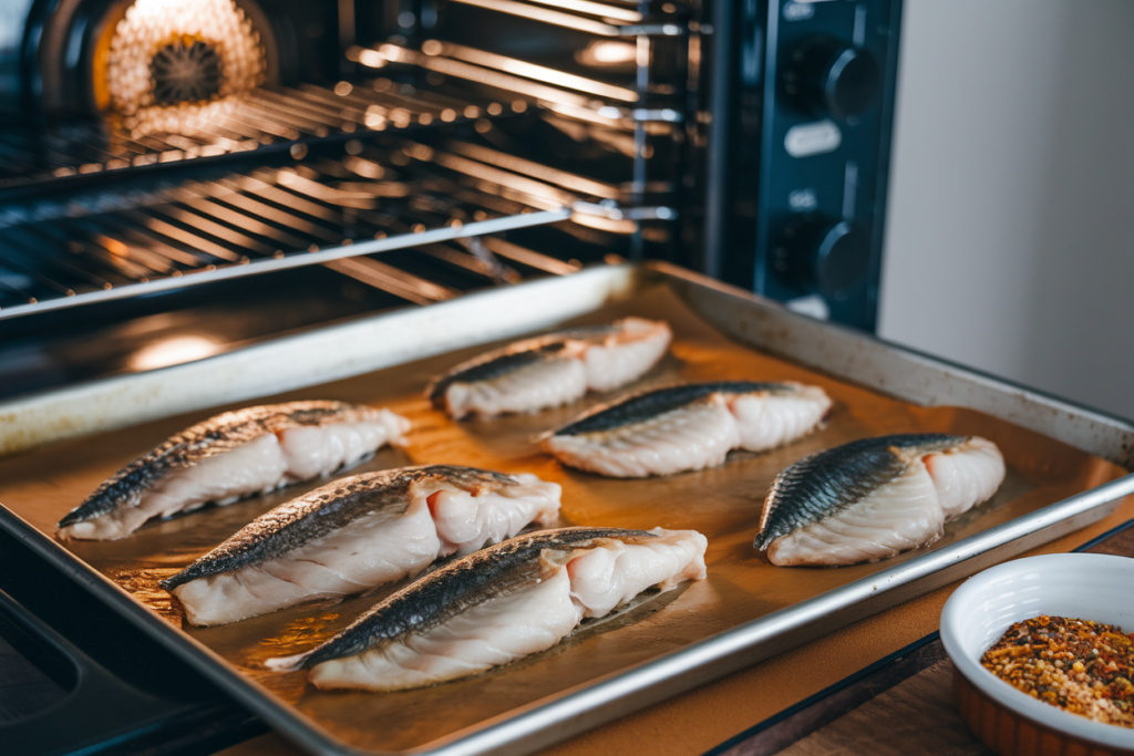 Tilapia fillets on a baking sheet ready for baking, with tips for baking tilapia.