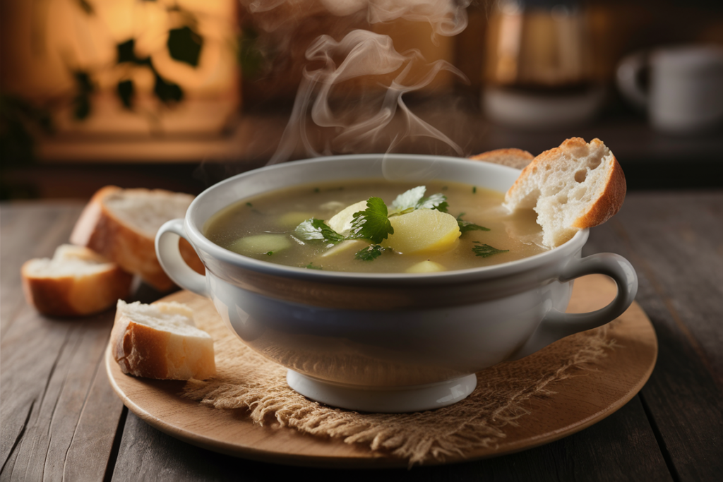 A steaming bowl of leek and potato soup garnished with fresh herbs, served with crusty bread on a rustic table.
