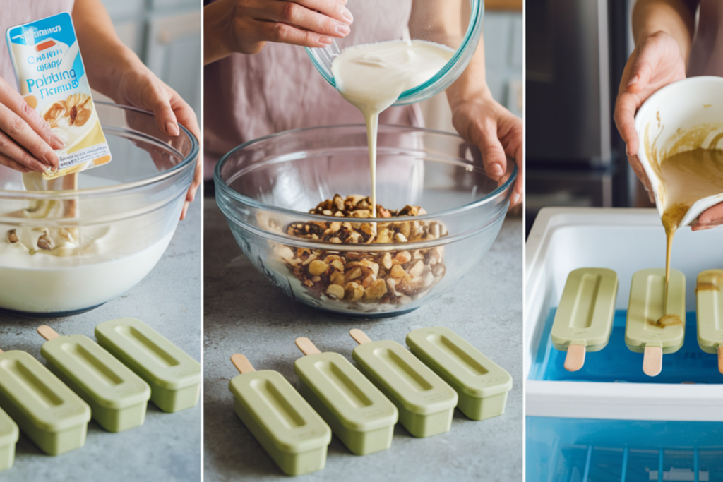 Step-by-step process of making Pistachio Joe pudding popsicles: mixing pudding mix with milk, adding cream, folding in nuts, pouring into molds, and freezing.