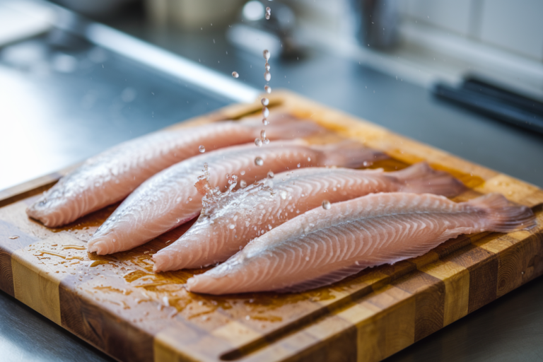 Close-up of fresh tilapia fillets on a wooden cutting board with water droplets, illustrating the concept of rinsing fish before cooking.