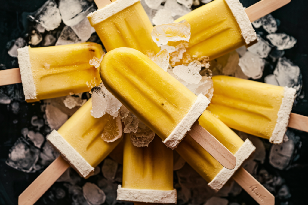 A close-up image of homemade banana popsicles on wooden sticks, placed on a bed of crushed ice, showcasing their smooth texture and refreshing appearance