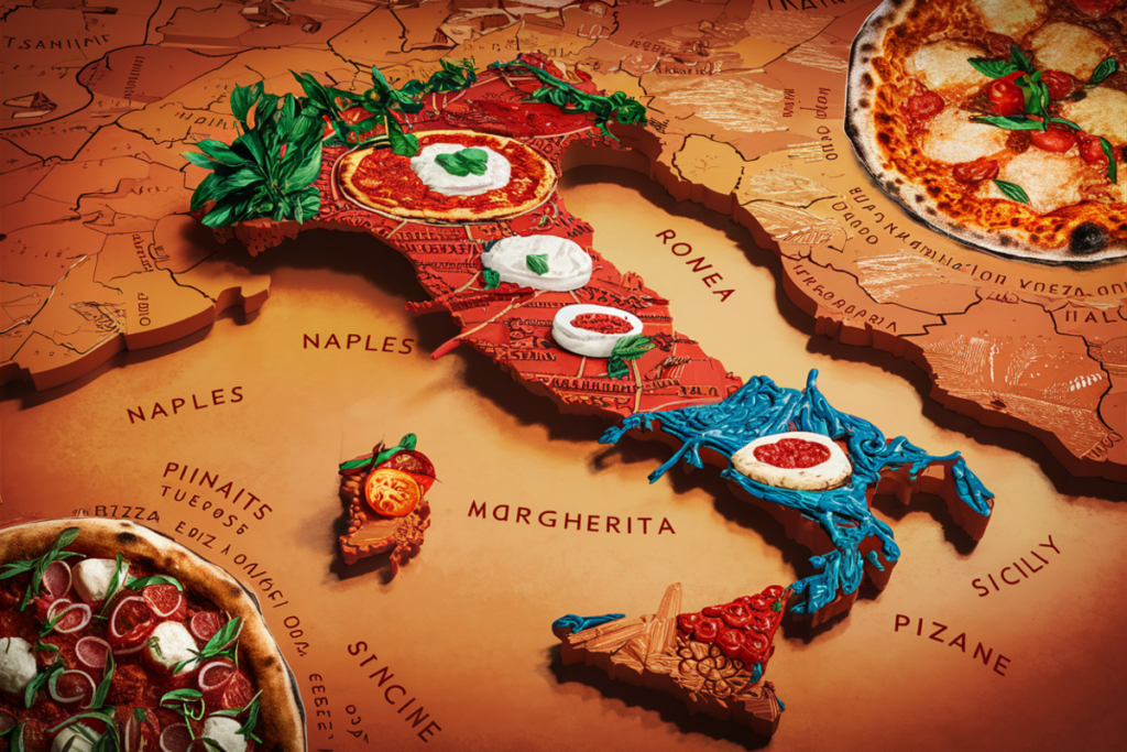 Map of Italy highlighting regions with different pizza styles, including Pizza Margherita, Pizza Romana, and Sfincione, with colorful regional icons