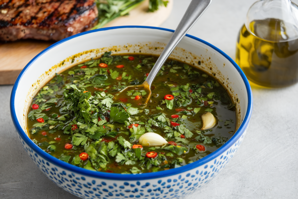 A vibrant bowl of chimichurri sauce surrounded by fresh parsley, cilantro, garlic cloves, and red chili peppers, with a drizzle of the sauce over grilled meat and vegetables, highlighting its rich and fresh ingredients