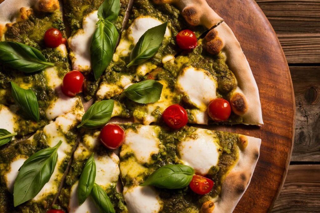 A freshly baked pesto pizza topped with vibrant basil leaves, mozzarella cheese, and cherry tomatoes on a rustic wooden board