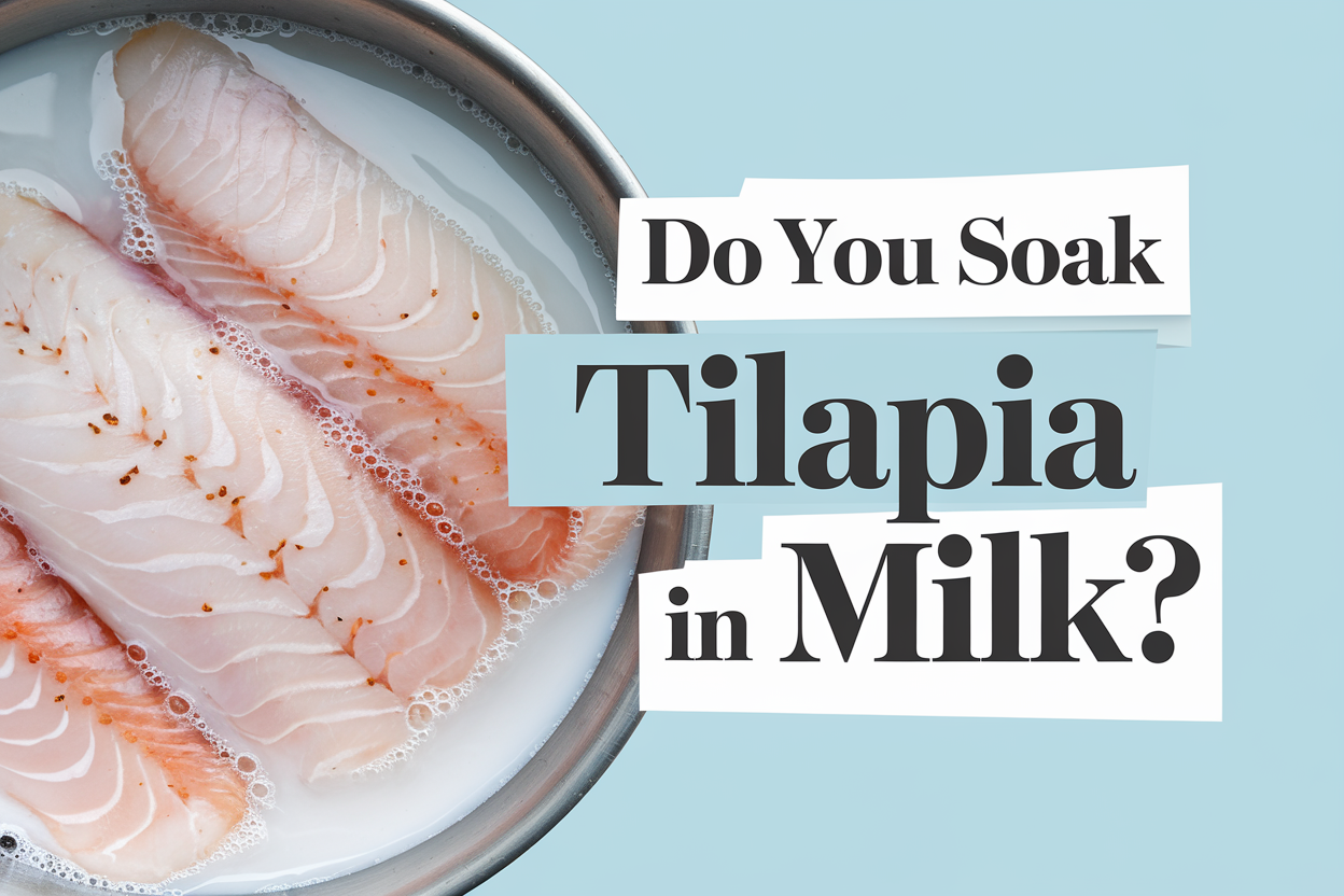 Tilapia fillets soaking in milk with overlay text 'Do You Soak Tilapia in Milk?