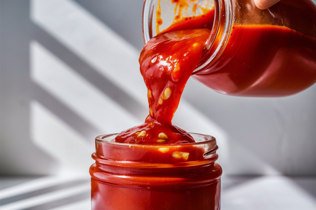 Tomato sauce being poured from a jar, showing its thinner consistency compared to tomato paste 