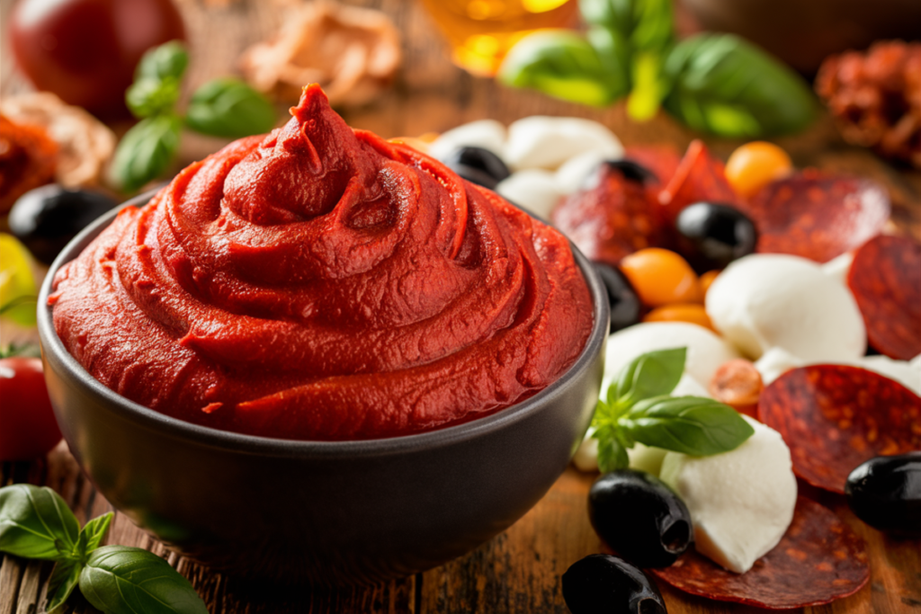 A bowl of rich, thick tomato paste used in pizza recipes for deep tomato flavor.