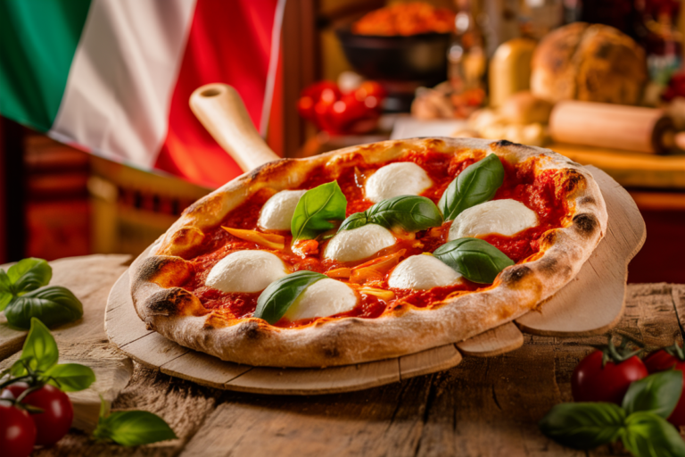 Classic Italian pizza with tomato sauce, mozzarella, and basil on a rustic wooden pizza peel, set against a traditional Italian kitchen backdrop.