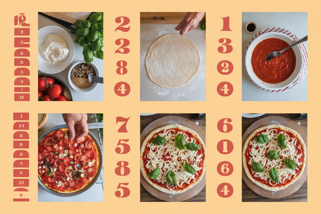 Step-by-step images showing the process of making chicken crust pizza from start to finish