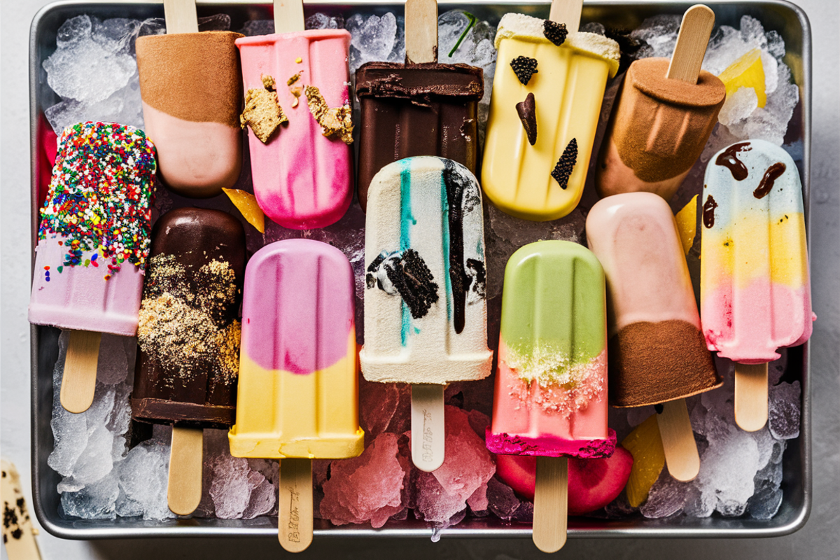 Colorful homemade popsicles in paper cups with wooden sticks, placed on a wooden table, showcasing an easy DIY method for making popsicles without a mold.