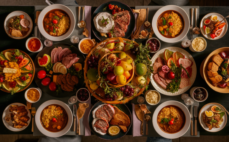 a table filled with lots of different types of food on plates and bowls of food on the table top, Bouchta El Hayani, samikshavad, food photography