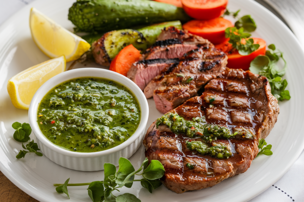 Chimichurri served with grilled meats, fresh vegetables, and lemon wedges, highlighting the importance of flavor balance