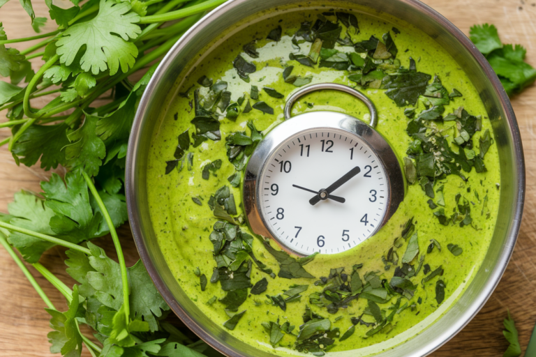 An illustration of a green chimichurri sauce with herbs and a timer, symbolizing the importance of letting the sauce rest for enhanced flavor.