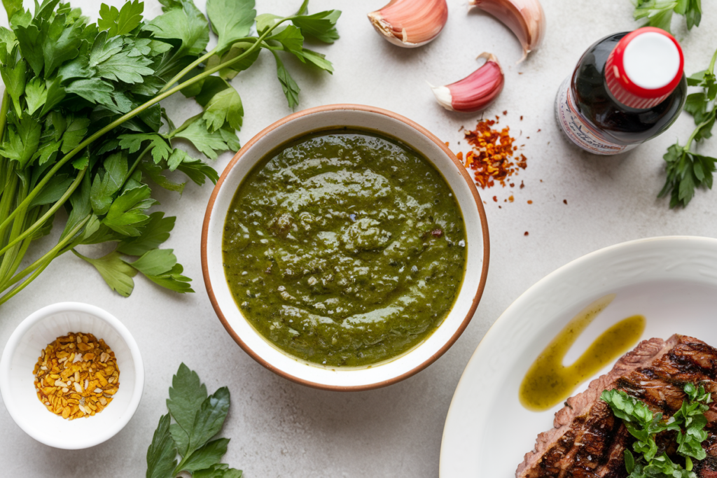 A bowl of vibrant chimichurri sauce surrounded by fresh parsley, oregano, garlic cloves, and red chili flakes on a clean countertop. The sauce is ready to be served with grilled meat or vegetables, showcasing its rich texture and color