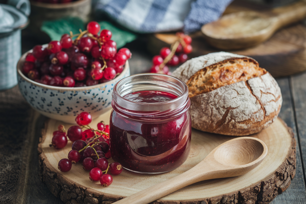 A photo of a traditional red currant Polish recipe guide. There's a bowl of red currants, a glass jar filled with red currant jam, a wooden spoon, and a piece of bread. The background has a rustic setting with a wooden board, a towel, and a few other items.