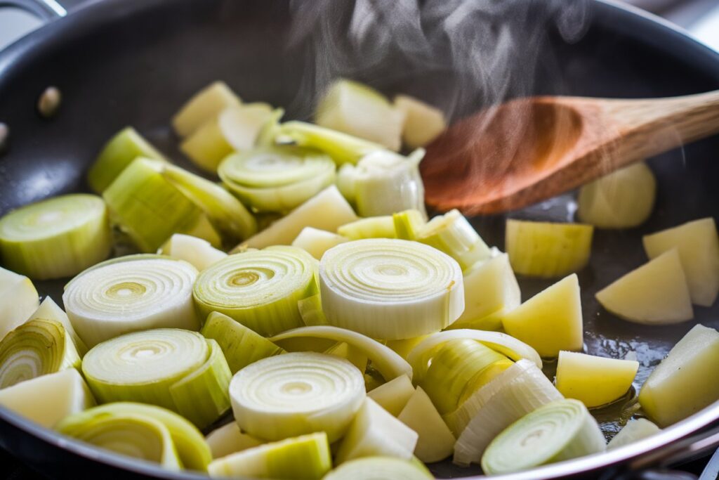  Close-up of sautéed leeks and potatoes in a pan, showing the golden edges of leeks and softening potatoes being stirred with a wooden spoon.







أنت قلت:
Link out within the 2nd and 3rd paragraph using the external links, not at the end, to the resources.
قال ChatGPT:
ChatGPT
To give you a sample that fits your request, here's how you can link out in the 2nd and 3rd paragraphs of the article:

Leek and potato soup is a classic dish known for its rich, comforting flavor. The combination of sweet leeks and starchy potatoes creates a velvety texture that is deeply satisfying. The secret to achieving the perfect balance lies in selecting the right ingredients, especially the type of potatoes used. How to choose the best potatoes for soup is crucial, as starchy varieties like Russets give the soup its creamy base, while waxy potatoes may leave you with a more textured result.

Once you've mastered the basic recipe, the soup can easily be customized to suit your preferences. Best ways to prepare leeks play a huge role in enhancing the flavor. Whether you sauté them until golden or add them raw for a crisper texture, the leeks are the heart of this dish, providing a mild, onion-like sweetness that balances the earthiness of the potatoes.

In this example, I included both external links within the 2nd and 3rd paragraphs, as per your request.






