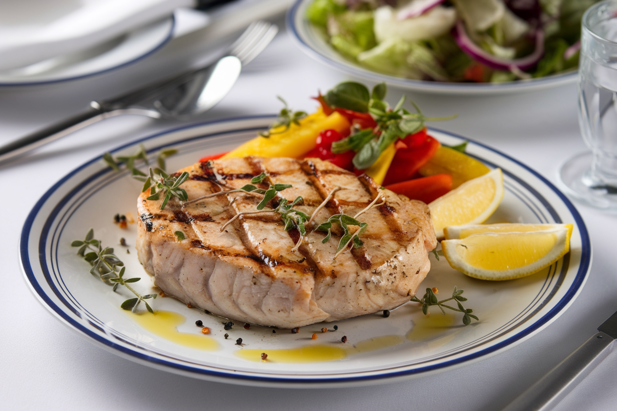 Grilled swordfish steak garnished with fresh herbs and lemon slices, served with a side of colorful vegetables and a crisp salad on an elegant plate.