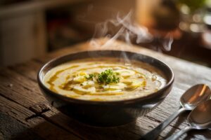 A steaming bowl of creamy leek and potato soup with chunks of potatoes and sliced leeks, garnished with parsley, on a rustic wooden table.